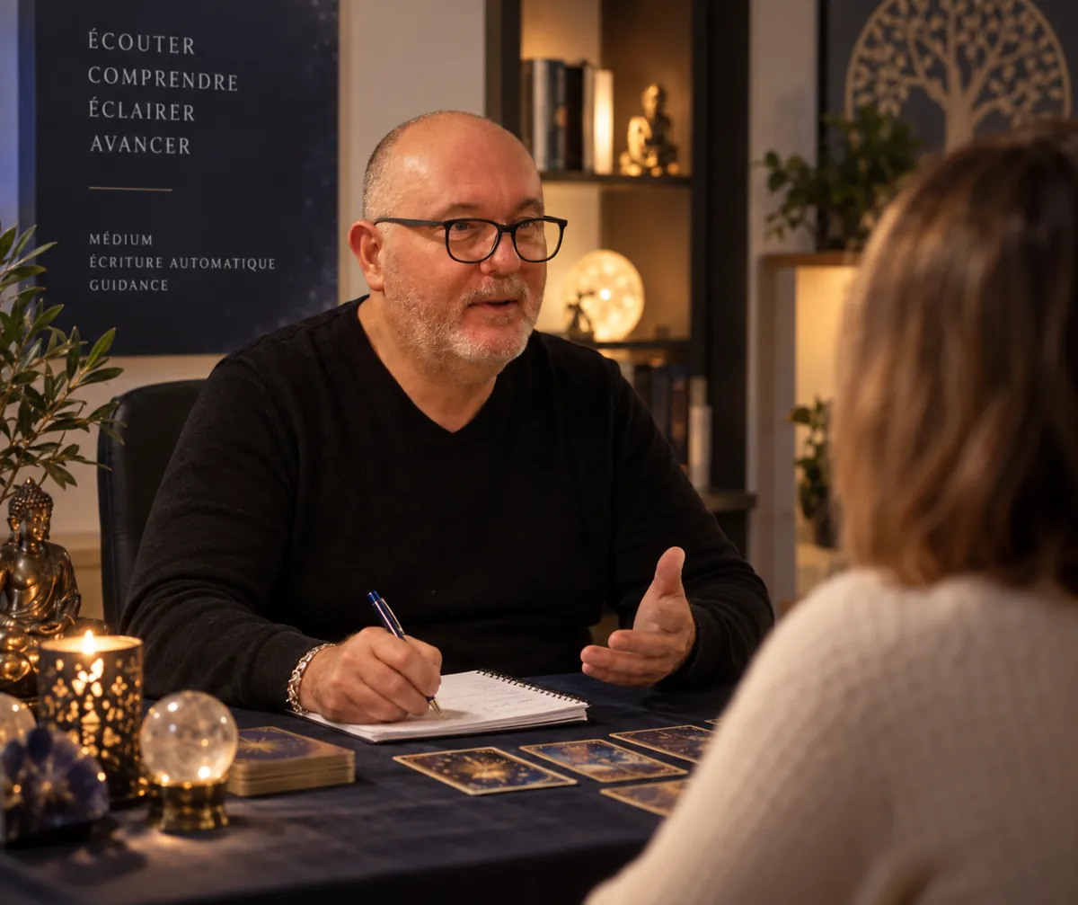 Franck Caci en consultation, cartes de l'Oracle de Belline et bougie sur la table