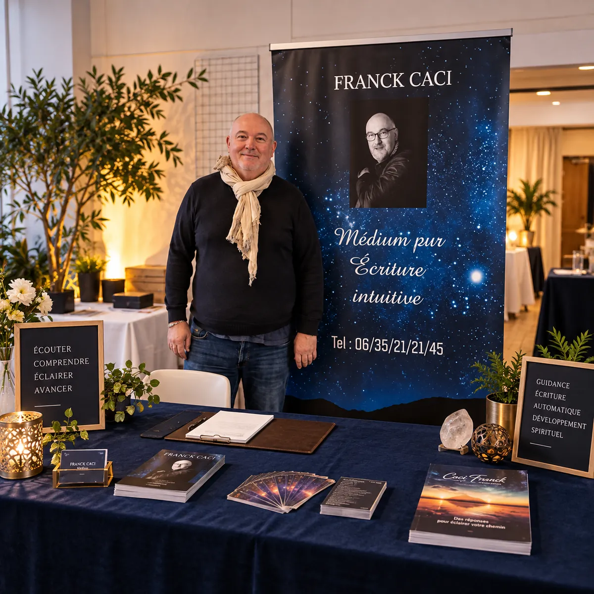 Franck Caci sur son stand de consultation, bannière, bougie et brochures